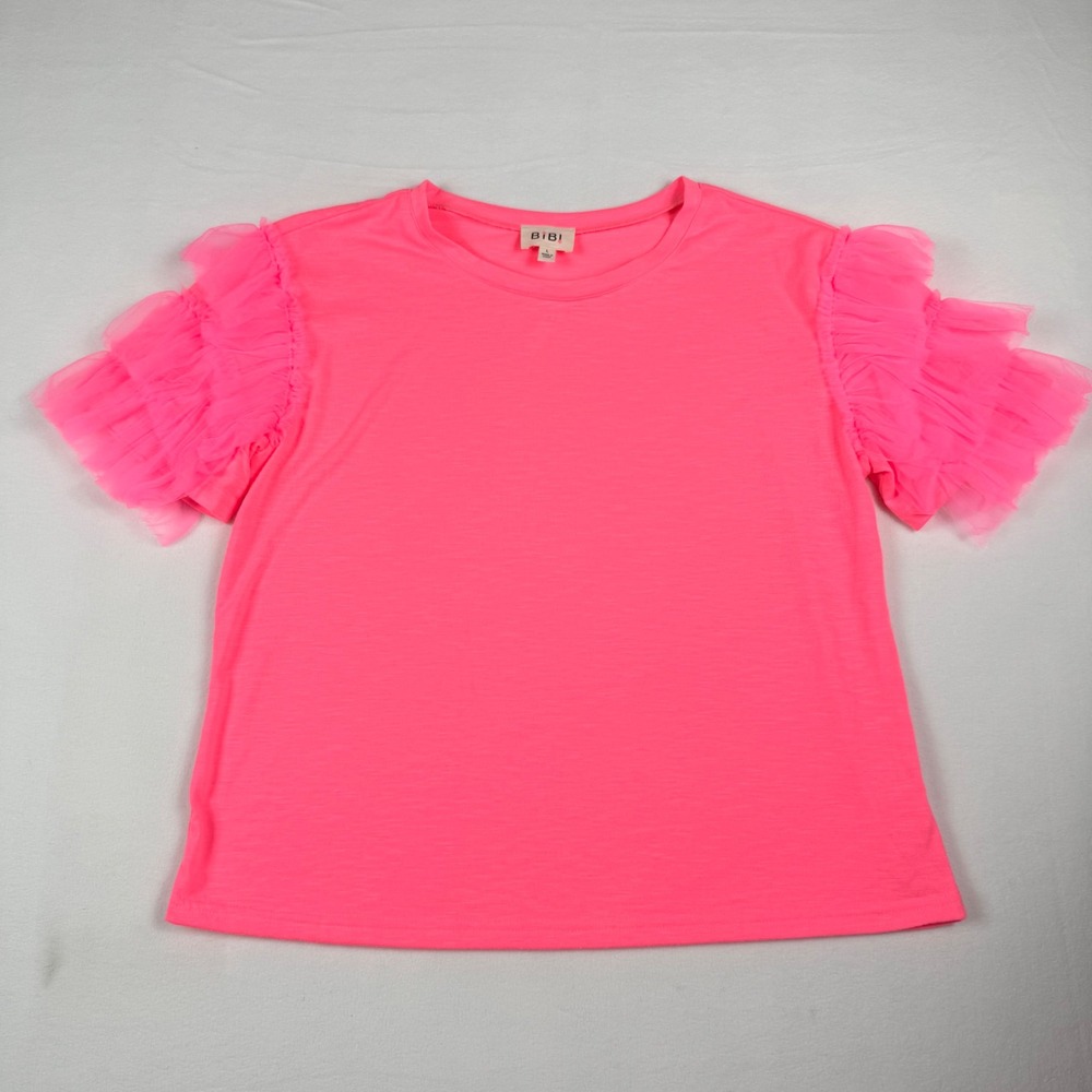 BIBI Tulle Ruffle Sleeve Top Large Neon Pink Barbiecore Y2K Statement‎ Tee